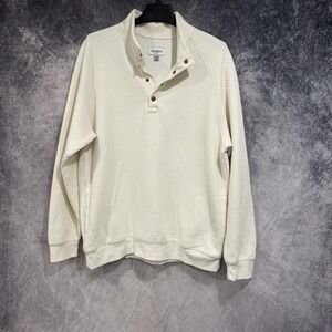 Men's Textured Snap Placket Pullover Sweatshirt Geometric quilt Pattern L Ivory